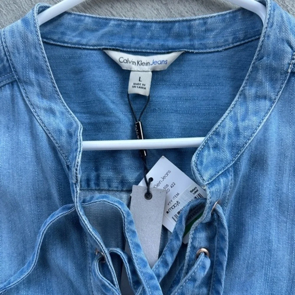 Calvin Klein Brand Short Sleeved Jean Dress with Lace Up Detail Size Large - Picture 3 of 7
